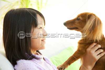 犬をだっこして見つめあう少女
