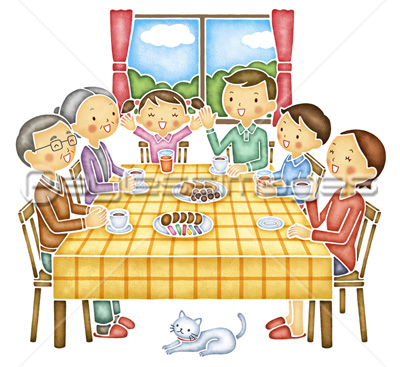 食卓で会話をする6人家族 商用利用可能な写真素材 イラスト素材ならストックフォトの定額制ペイレスイメージズ