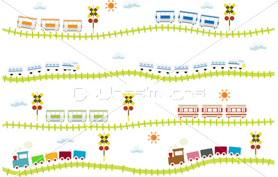 子供向け可愛い踏切のある線路を走る電車 ストックフォトの定額制ペイレスイメージズ