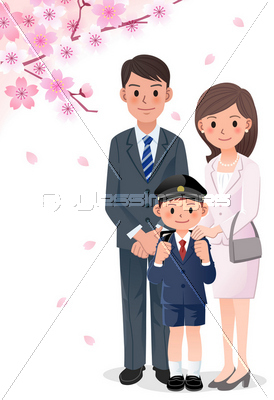 家族 桜 入学式 親子 小学校 ランドセル イラスト 母 父 息子 ストックフォトの定額制ペイレスイメージズ