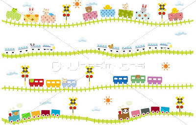 子供向け可愛い踏切のある線路を走る動物電車 ストックフォトの定額制ペイレスイメージズ
