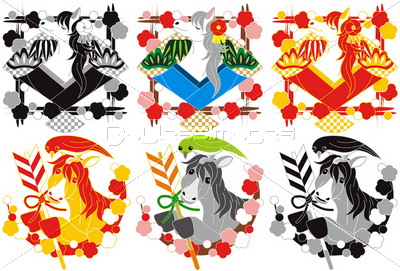 2014年午年年賀状用イラスト素材 和風イラスト扇と馬 破魔矢と馬と鶯