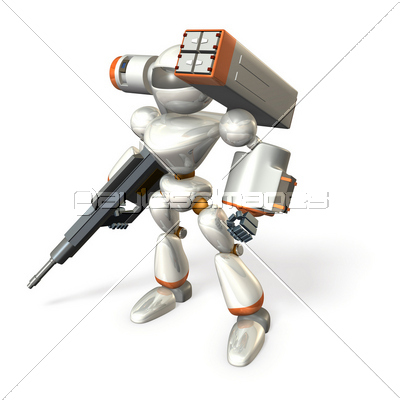 戦闘ロボット ヒューマノイド ロボット Sf ゲーム ゲームキャラクター 兵士 ロボット兵士 機械 軍隊 未来 ライフル ミサイル 武器 レーダー アサルトライフル ミサイルランチャー Cg 3d レンダリング 白バック 白背景 テクノロジー 軍事力 ストックフォトの定額制