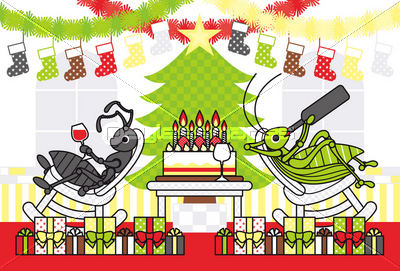 クリスマスカード用イラスト アリとキリギリスのchristmas Holidays ポストカードサイズ ストックフォトの定額制ペイレスイメージズ