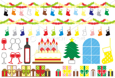 クリスマス用イラストカット素材集 靴下 飾りつけ ワイン ケーキ クリスマスツリー プレゼント カラフル 商用利用可能な写真素材 イラスト 素材ならストックフォトの定額制ペイレスイメージズ