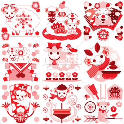 15年未年年賀状用イラストカットデザイン素材集 縁起物とひつじのキャラクター 赤ピンク系９点 ストックフォトの定額制ペイレスイメージズ