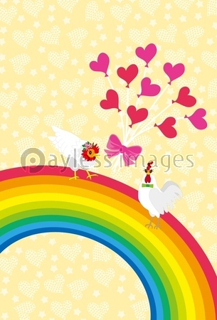 ニワトリと虹と風船のかわいいイラストのハガキ ストックフォトの