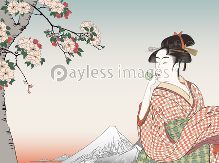 歌麿 ビードロを吹く娘と広重 隅田川水神の森真崎のイメージイラスト