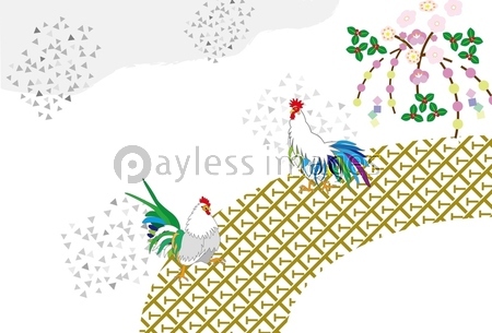 ニワトリと花の和風イラスト年賀状テンプレート素材酉年 ストックフォトの定額制ペイレスイメージズ