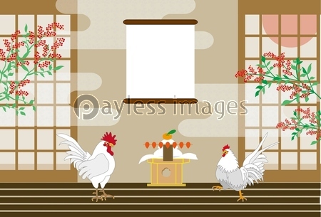 酉年の鶏とナンテンの実と日の出と鏡餅のイラスト年賀状テンプレート