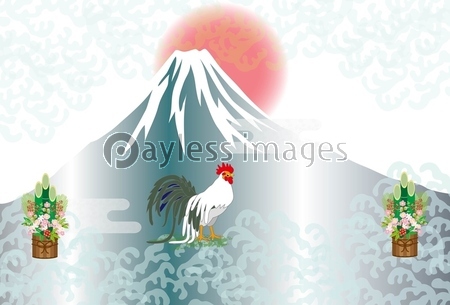 酉年の鶏と富士山と日の出のイラスト年賀状テンプレート素材 商用利用可能な写真素材 イラスト素材ならストックフォトの定額制ペイレスイメージズ