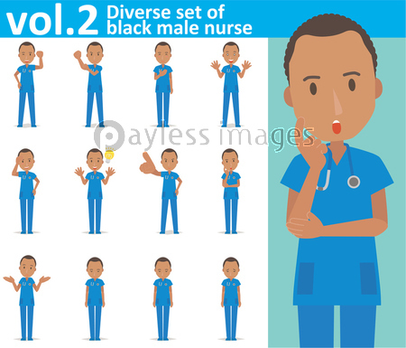 青いスクラブを着た黒人男性の看護師vol 2 様々な表情やポーズのイラストをセット 商用利用可能な写真素材 イラスト 素材ならストックフォトの定額制ペイレスイメージズ