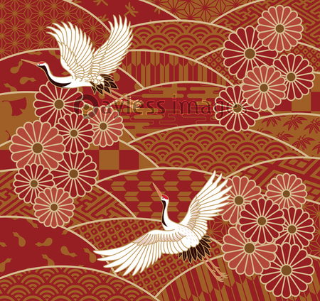 鶴と菊の花と波の和風模様 ストックフォトの定額制ペイレスイメージズ