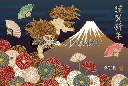 和風 戌年 狛犬と富士山 菊の花 扇の年賀状イラスト 商用利用可能な写真素材 イラスト素材ならストックフォトの定額制ペイレスイメージズ