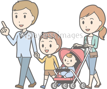 家族4人で歩いているイラスト ストックフォトの定額制ペイレスイメージズ