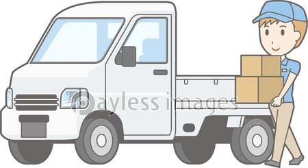軽自動車トラックと荷物を運ぶ男性スタッフのイラスト ストックフォトの定額制ペイレスイメージズ