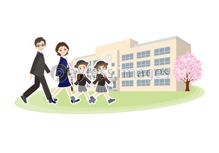 小学校の入学式に行く子供と家族のイラスト ストックフォトの定額制ペイレスイメージズ