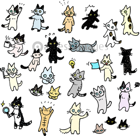 猫の手書きイラストセット ストックフォトの定額制ペイレスイメージズ
