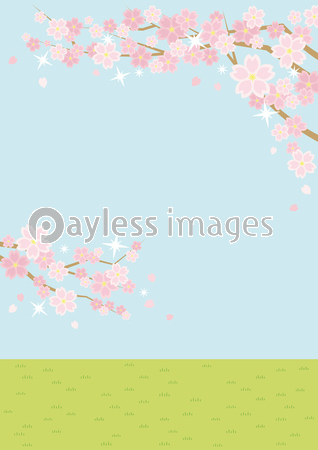 桜のある春の風景のイラスト 空と草原 ストックフォトの定額制