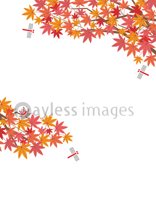 赤とんぼともみじのある秋の背景イラスト カーキ背景 縦長の書式で横書き用 ストックフォトの定額制ペイレスイメージズ