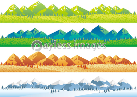 シームレスな四季の山並みイラストセット ストックフォトの定額制ペイレスイメージズ