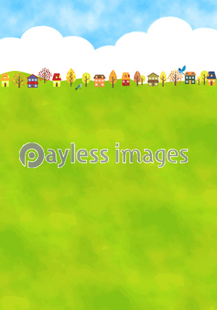 手描き水彩風 秋の草原と街並み イラスト ストックフォトの定額制ペイレスイメージズ