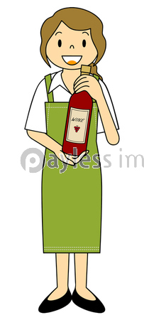 ワインボトルを見せている女性のイラスト エプロン姿 ウエイトレス 酒屋 商用利用可能な写真素材 イラスト 素材ならストックフォトの定額制ペイレスイメージズ