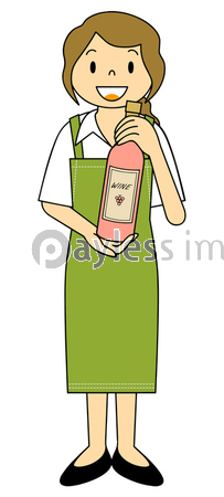 ワインボトルを見せている女性のイラスト エプロン姿 ウエイトレス 酒屋 ストックフォトの定額制ペイレスイメージズ