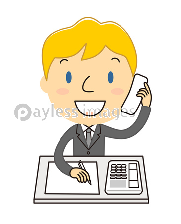 電話対応をしているオフィスの男性とパソコン イラスト クリップアート ストックフォトの定額制ペイレスイメージズ