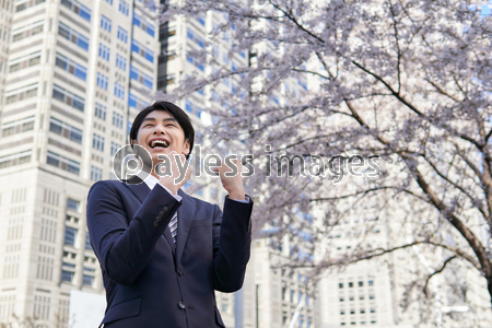 オフィス街の桜を背景にガッツポーズをする日本人男性ビジネスマン 商用利用可能な写真素材 イラスト素材ならストックフォトの定額制ペイレスイメージズ