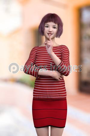 前髪が短く赤っぽい髪の毛の女性が赤と白のボーダー柄の長袖tシャツと赤い生地に黒いラインがはいったスカートを着用し人差し指を口の前にもってきている ストックフォトの定額制ペイレスイメージズ