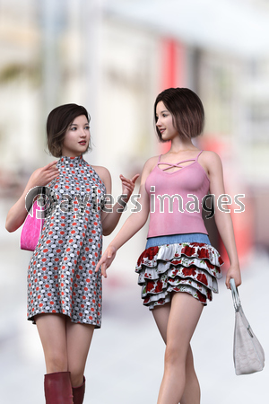 街中をカジュアルな服装でショートボブの女の子2人が楽しそうに会話しながら歩いている 商用利用可能な写真素材 イラスト素材ならストックフォトの定額制ペイレスイメージズ