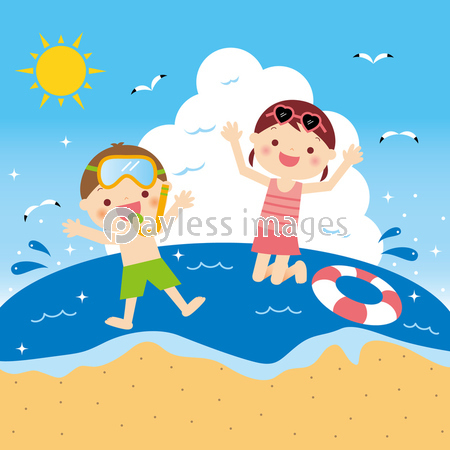 砂浜でジャンプする子供たちのイラスト ストックフォトの定額制ペイレスイメージズ