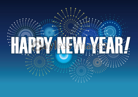 年賀状素材 Happy New Yearのロゴと花火の背景イラスト ストックフォトの定額制ペイレスイメージズ