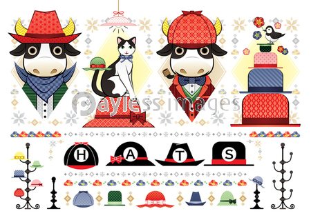 色々な帽子のイラスト 帽子牛と猫と鳥 ｈａｔｓ ストックフォトの定額制ペイレスイメージズ
