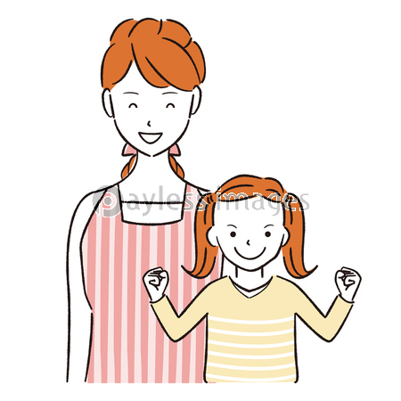 手書き線画カラーイラスト ママと子供 女の子ガッツポーズ ストックフォトの定額制ペイレスイメージズ