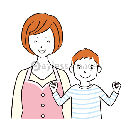 手書き線画カラーイラスト ママと子供 男の子ガッツポーズ ストックフォトの定額制ペイレスイメージズ