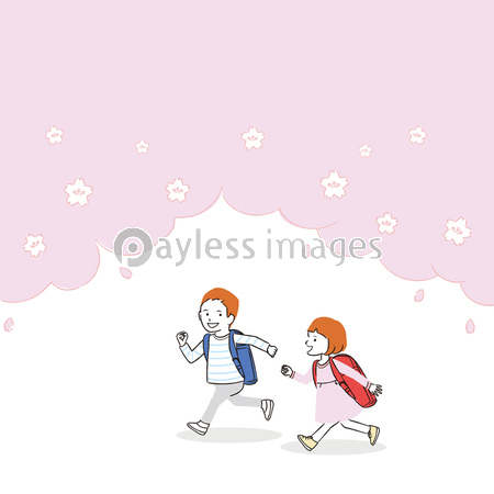 手書き線画カラーイラスト 新1年生 春 走る男の子女の子 桜の下 ストックフォトの定額制ペイレスイメージズ