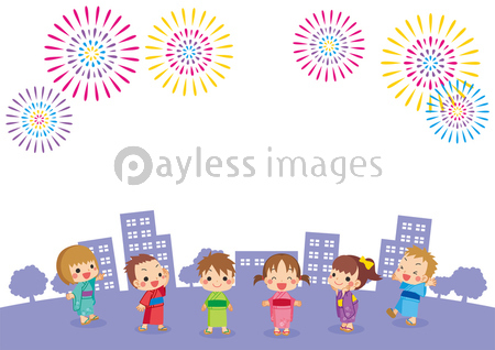 花火を見物している浴衣姿の可愛い小さな子供たちのイラスト 背景 テンプレート コピースペース ストックフォトの定額制ペイレスイメージズ