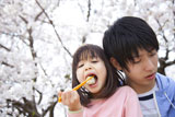 桜の下でお弁当を食べる親子