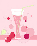 glass with drink and cherry on a pink background
