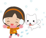 雪にはしゃぐ女の子と犬
