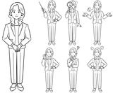 ビジネスウーマンのポーズ　7種類のセット　ジャケットを羽織った女性2　線画