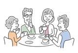 ベクターイラスト素材：カフェで楽しく話すシニア男性とシニア女性たち